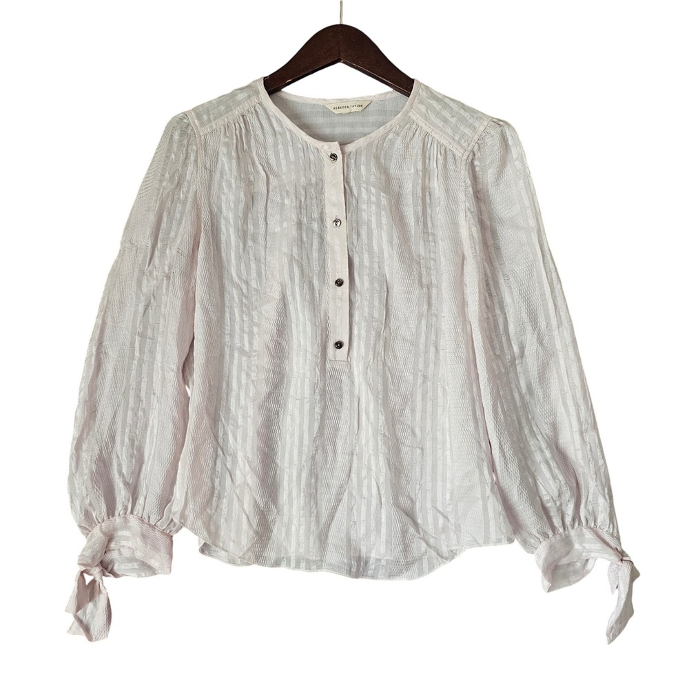 Rebecca Taylor Women's Long Balloon Sleeve Half Button Sheer Pink Striped Blouse